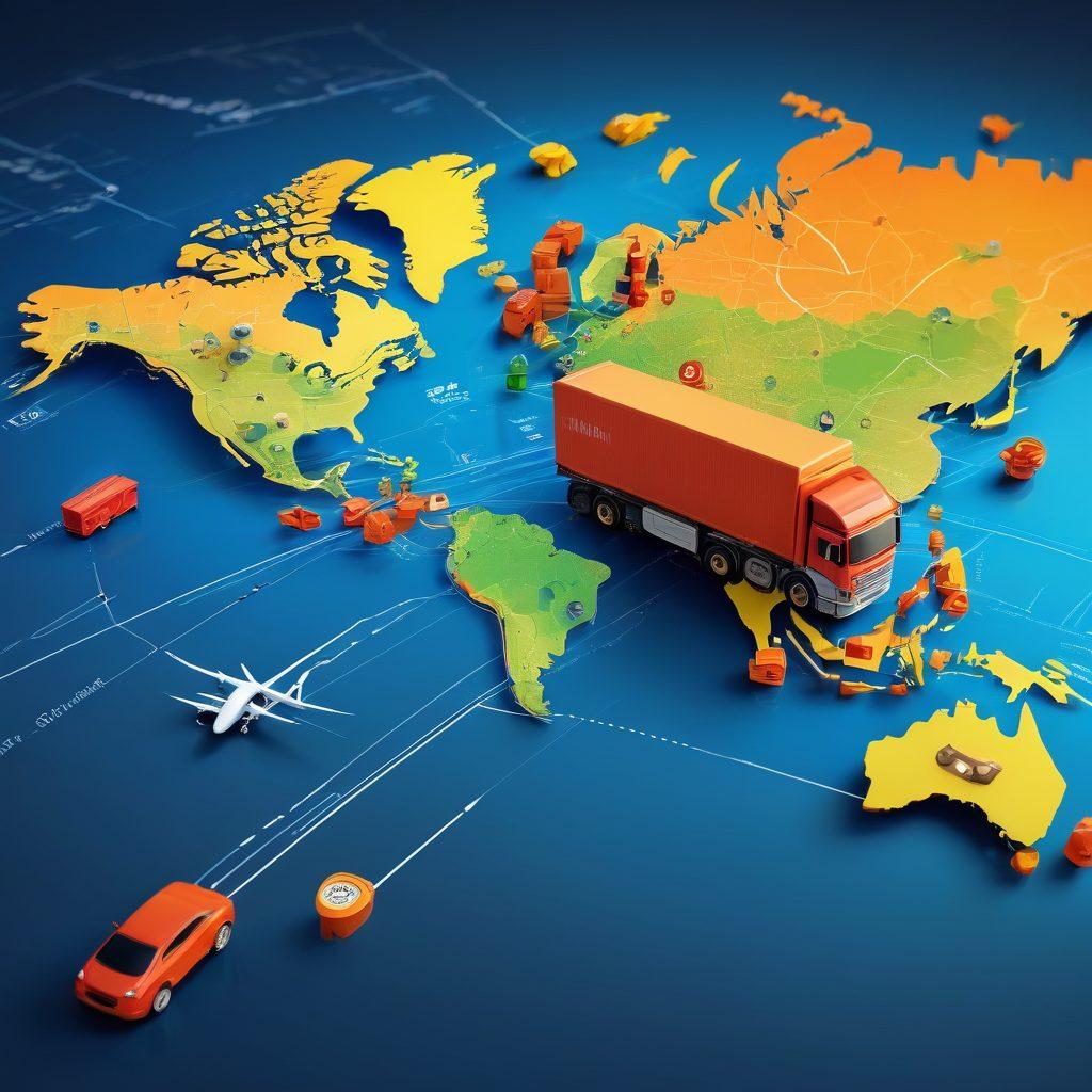 An intricate map featuring various location pins and shipping routes, intertwining with dynamic elements like trucks and drones delivering packages. The background should convey a sense of excitement and thrill, incorporating bright colors that suggest speed and efficiency. Add subtle icons representing technology and innovation in shipping. The overall feel should be modern and engaging, appealing to both tech-savvy and adventurous audiences. vibrant colors. super-realistic.
