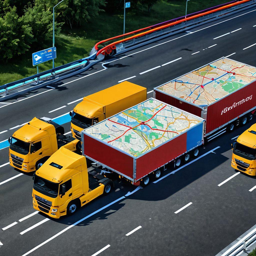 A dynamic and visually engaging representation of a modern fleet management system, showcasing trucks on a map with glowing real-time tracking routes and notifications. Incorporate a digital dashboard displaying delivery data, with happy customers receiving their packages in the foreground. The scene should evoke a sense of efficiency and excitement around timely deliveries. vibrant colors. super-realistic.